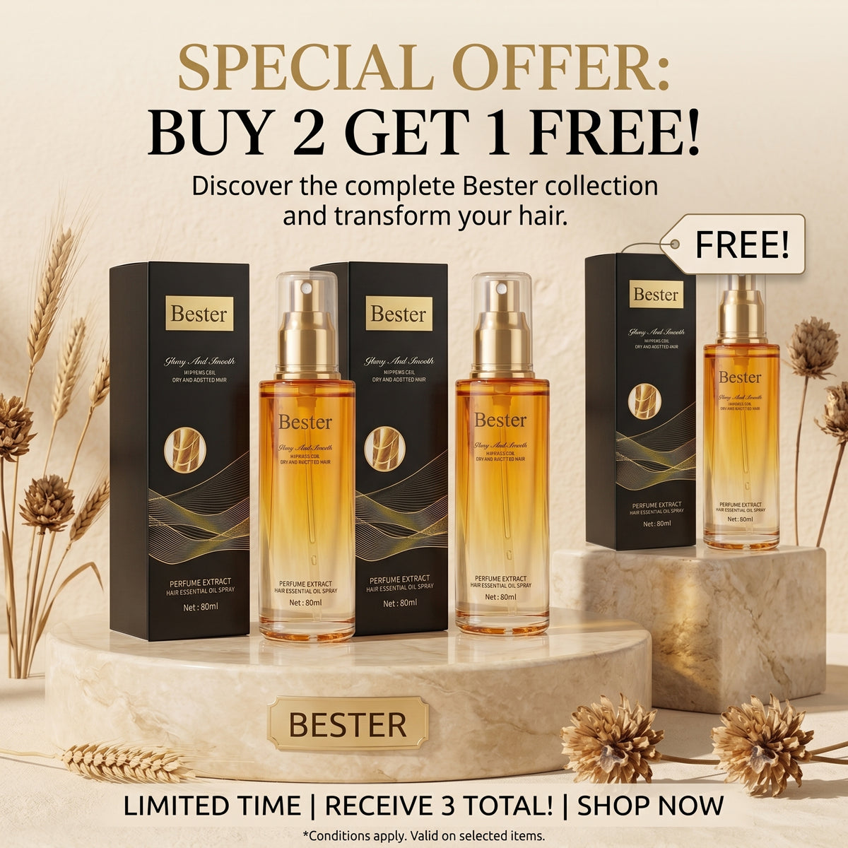 Promotional banner for Bester hair care products showing three amber bottles with gold caps and black boxes on a beige marble pedestal, with text reading 'SPECIAL OFFER: BUY 2 GET 1 FREE!' and decorative dried grass elements.
